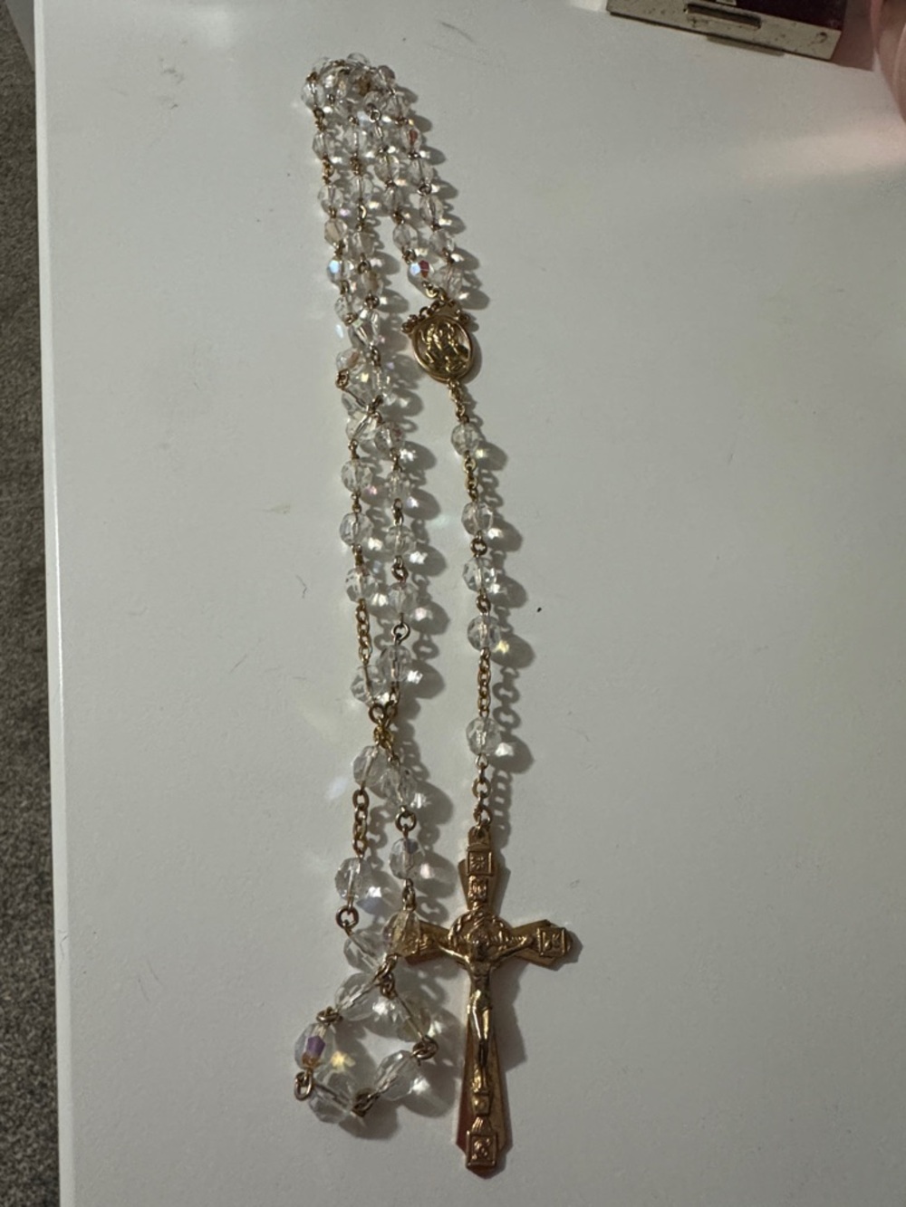 Antique Gold-Tone Crystal Rosary Necklace - Clear Beads